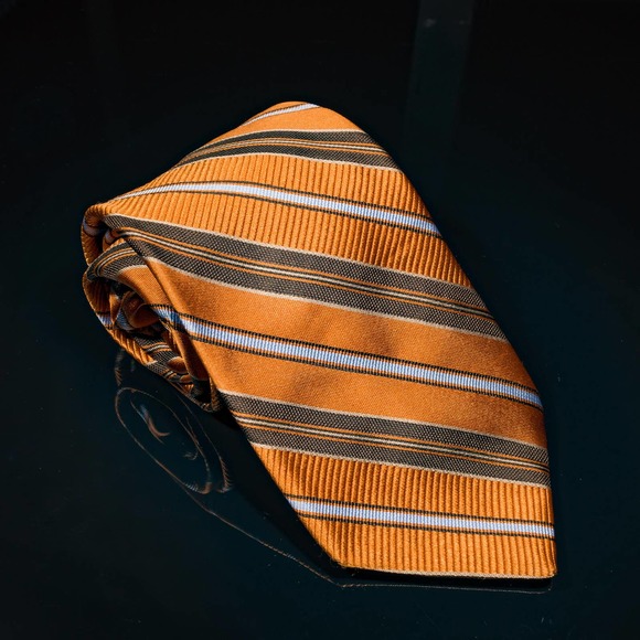 Hart Schaffner Marx Orange Brown Striped 100% Silk Men's Designer Tie - Picture 2 of 5
